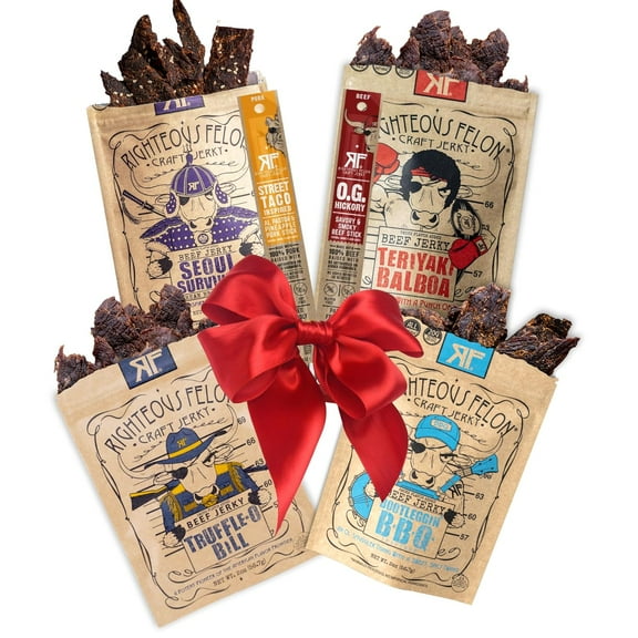 Righteous Beef Jerky Variety Pack Gift Basket - Great Gifts for Men | Gluten Free, High Protein Healthy Snack | Beef, Pork, & Turkey Jerky Variety Snack Pack | Fan Favorites 6 Pack