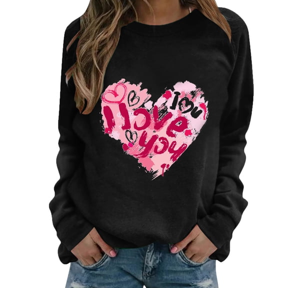 Wovix Valentine Day Sweatshirt For Women Love Heart Printed Pullover Cute Long Sleeve Crew Neck Casual Tops Honeymoon Wear
