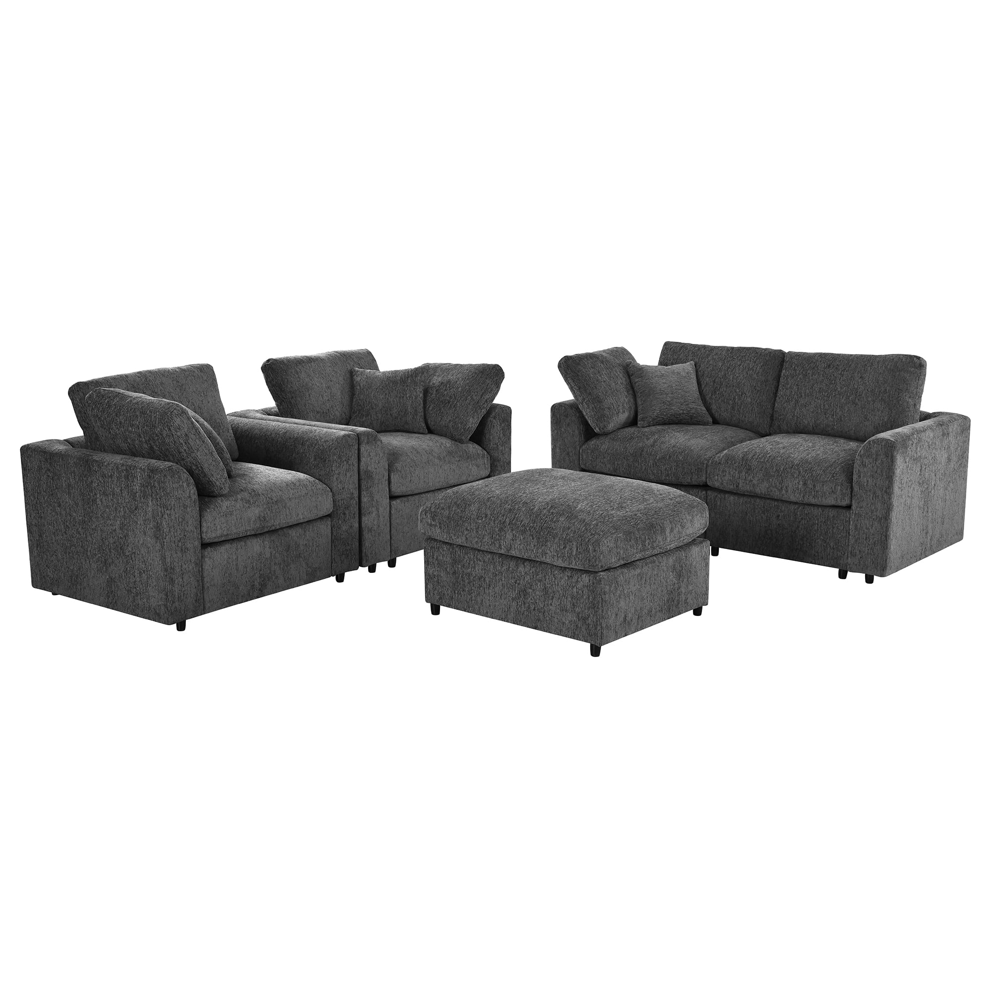 Howcool 4-Piece Modular Sectional Sofa Set,2 Accent Chairs + Loveseat + Movable Ottoman,Chenille Sofa Couch with Solid Wood Frame for Living Room Furniture,Gray