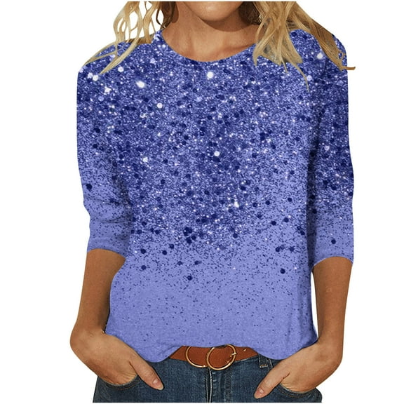 GA WEIHUA Clearance,Sequin Tops for Women Sparkle Printed T-shirts 3/4 Length Sleeve Shirts Casual Crewneck Loose Blouse Trendy Tunic Tee(Blue,Tee XXL)