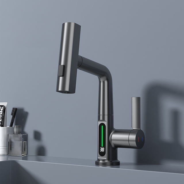 VONKY LED Temperature Display Kitchen Faucet Easy Installation And Liftable Pull-Out For Bathroom Faucet White
