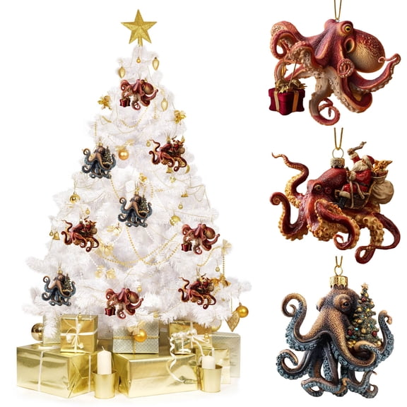 Octopus Christmas Ornament– 3PC Hand-Painted Coastal Holiday Decoration, Unique Deep Sea Christmas Tree Ornament with Metallic Hanging Cord, Nautical Décor Gift for Ocean Lovers(ABC)