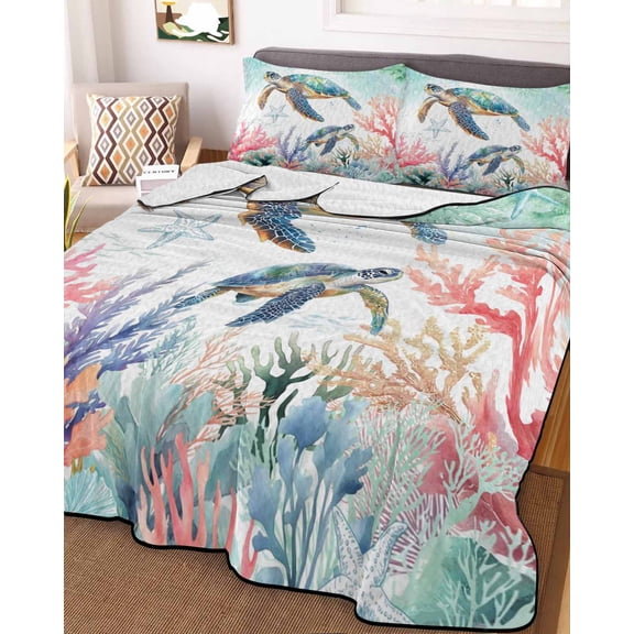 Coastal Turtle Queen Size Down Alternative Comforter, Lightweight Comforter Quilt Bedding Set with Pillow Shams Nautical Ocean Coral Starfish Seashells All Seasons Bed Comforter Duvet Insert 90"x96"
