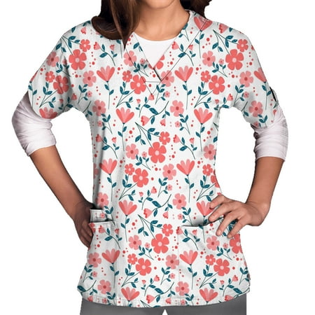 

Xysaqa Floral Print Scrub Top for Women V Neck Nursing Workwear Uniform Cute Tops Casual Short Sleeve T-Shirts with 3 Pockets