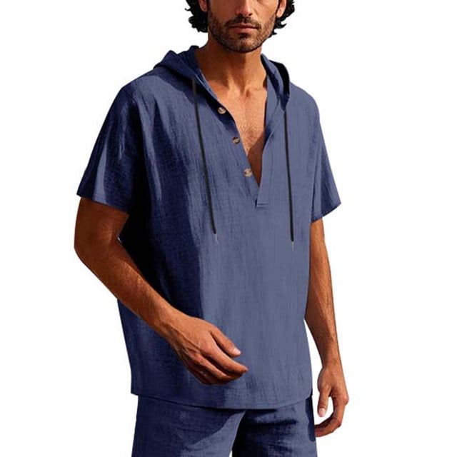 Pisexur T Shirts for Man,Men Solid Color Button Drawstring Flax Short Sleeve Hooded Blouse Navy,XL Golf Shirts Men & Mens Shirts