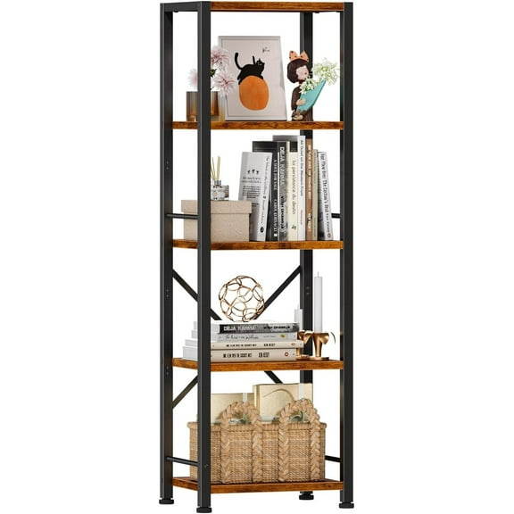 5 Tier Tall Bookshelf, Rustic Narrow Bookcase, Display Standing Shelf Units, Metal and Wood Storage Shelves Organizer for Bedroom, Living Room, Home Office, Entryway, Kitchen, Rustic Brown