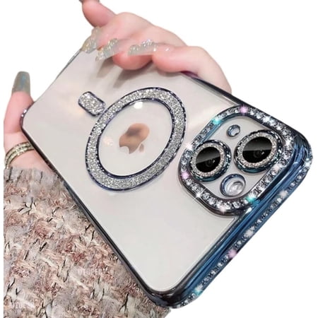 Compatible with iPhone Case,Luxury Glitter Bling Sparkly[Compatible with Magsafe] Diamond ElectroPlated Soft Shockproof Cover Phone Case (Gold,iPhone 16 Pro Max)