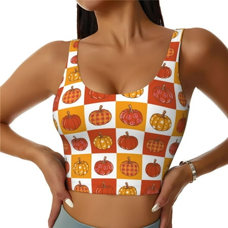 Adobk Pumpkin Plaid Print Sports Bras for Women Longline Workout Crop Tank Tops Padded with Built in Shelf Padded Sports Bra-X-Large