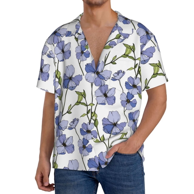 Fotbe Blue Flax Flowers Camisa Estampada de Manga Corta para Hombre, Casual de Verano, Estilo Playero, Sin Arrugas-XX-Large