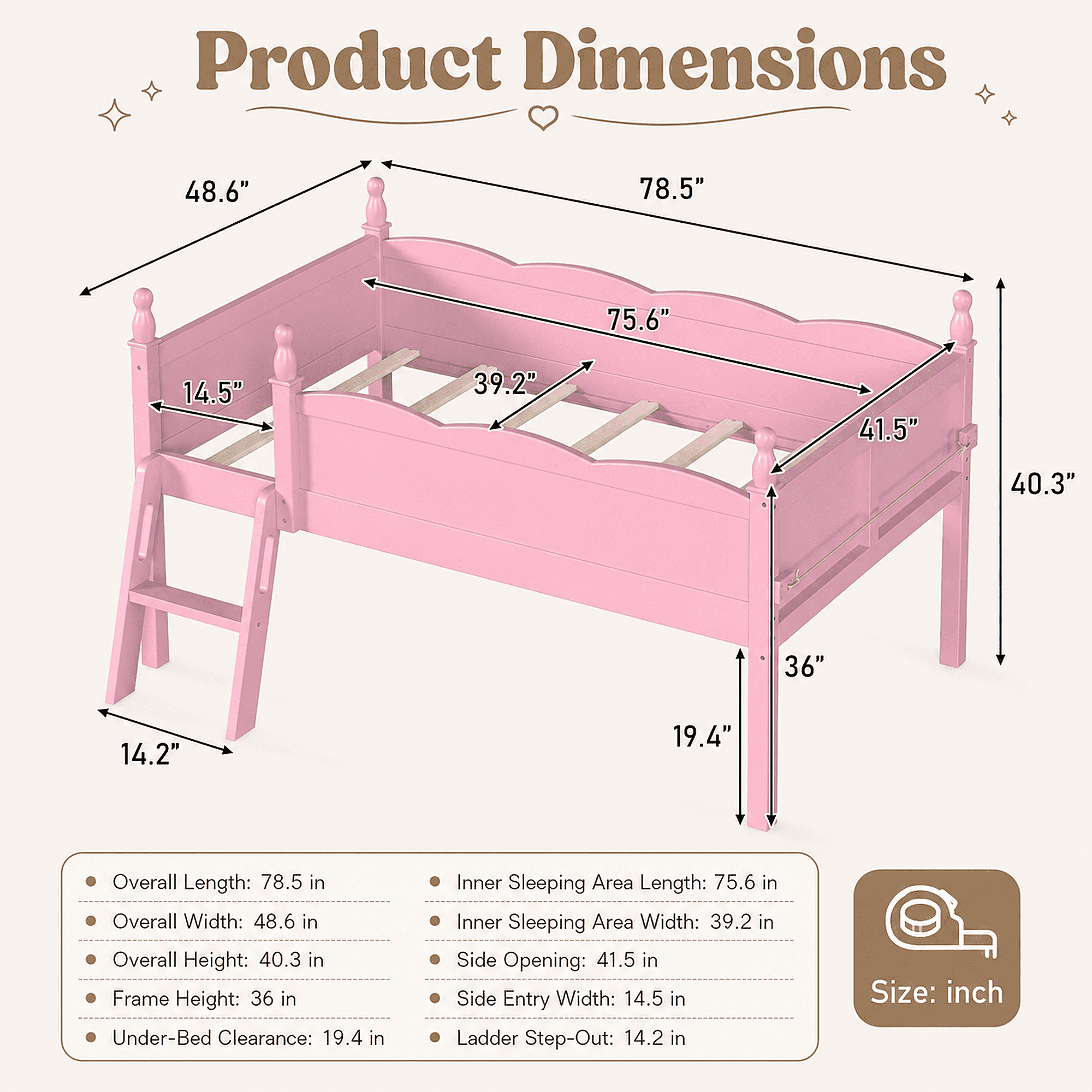 Miniyam Twin Low Loft Bed with Bookshelf and Guardrails, Wood Kids Bed for Bedroom, Pink