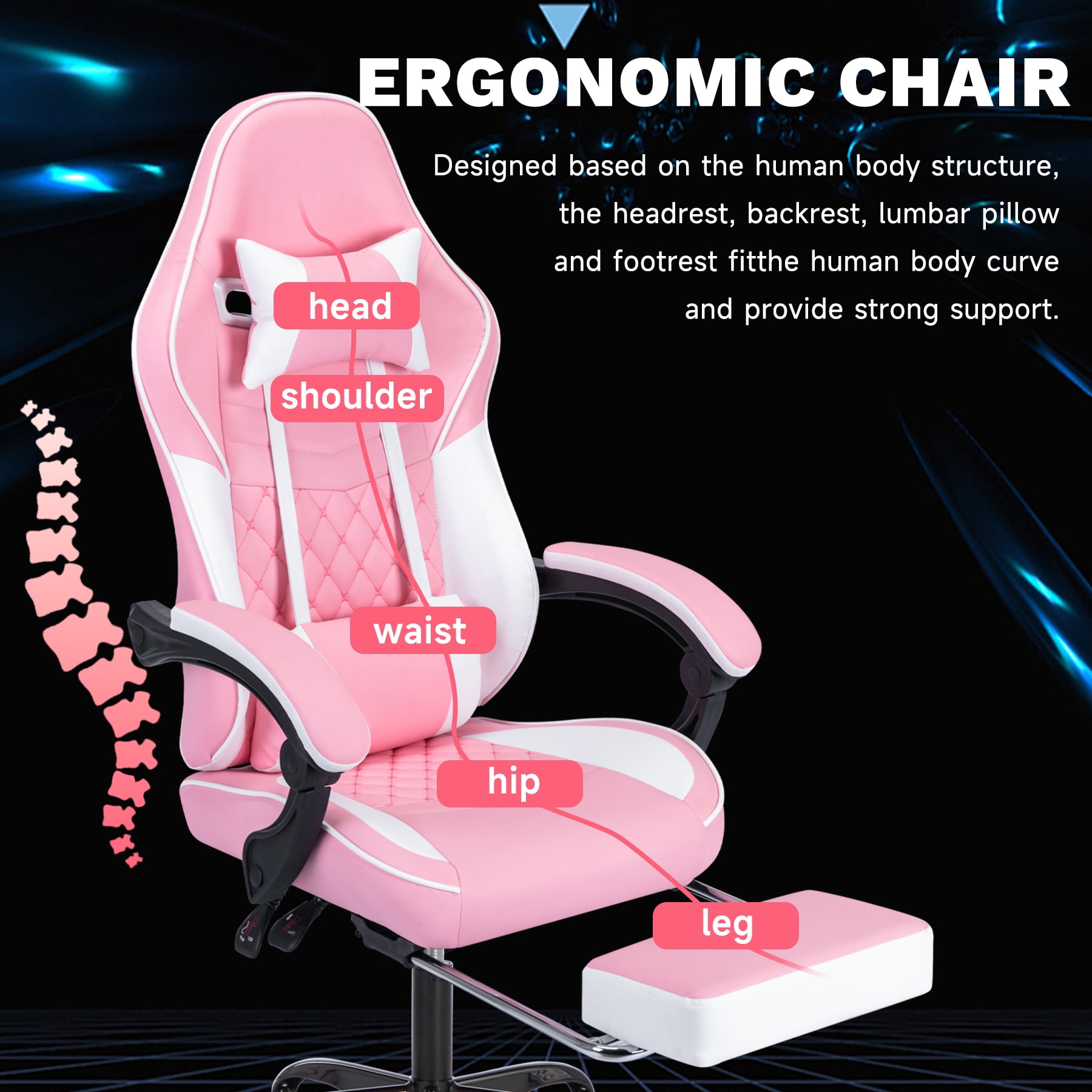 Ergonomic Gaming Chair with Massage Lumbar Support & Footrest, Racing Style Computer Chair with Adjustable Headrest for Home Office, Comfortable, Pink White