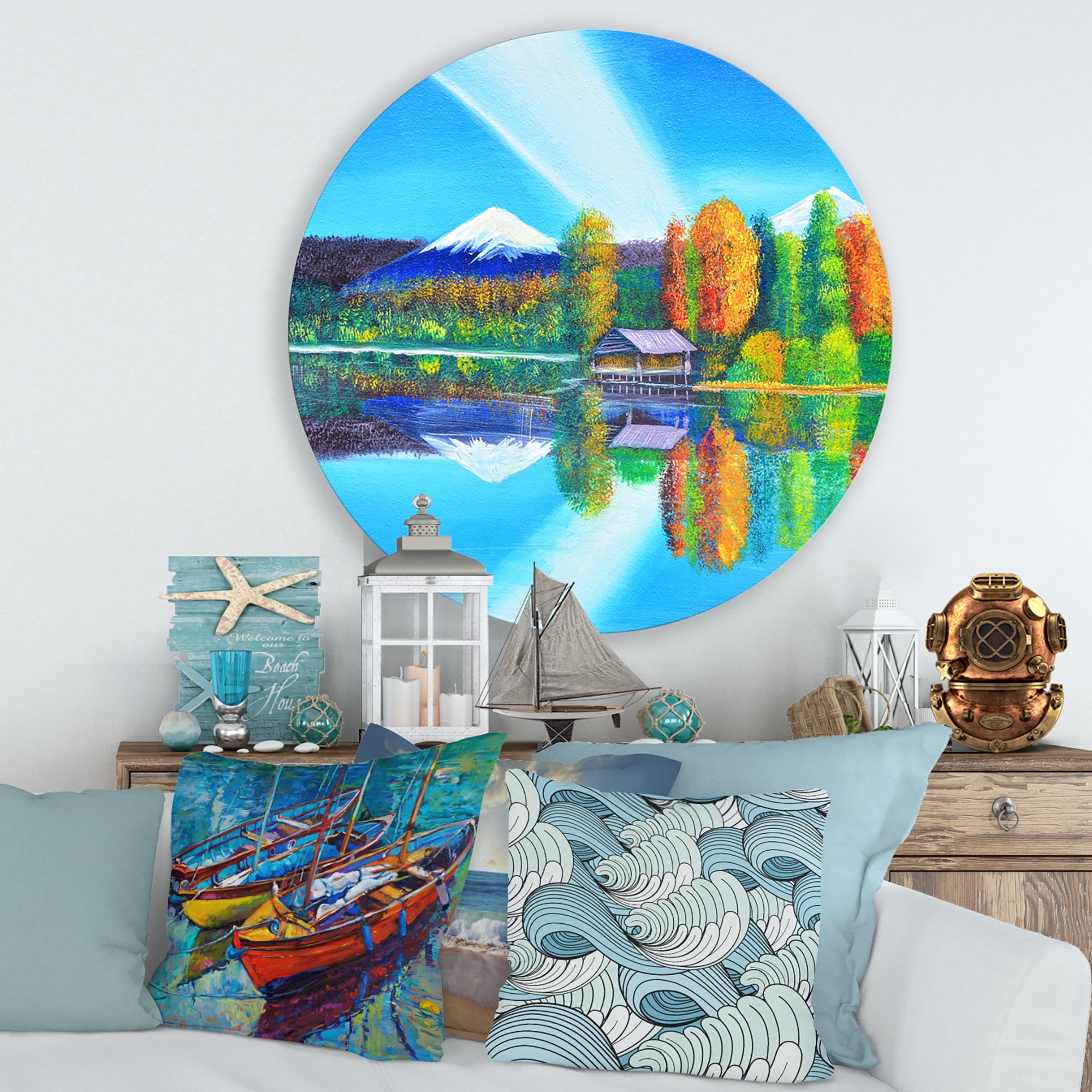 Designart 'Reflection Of Mountain and Sky On The Lake Water' Nautical & Coastal Circle Metal Wall Art 36x36 - Disc of 36