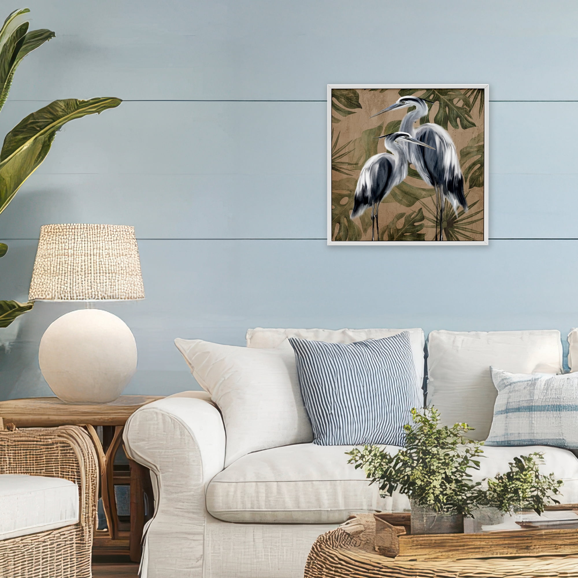 Stupell Industries Two Herons over Tropical Leaves White Framed Giclee Art, design by Kim Allen