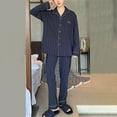 thumbnail image 2 of VNKIDY Men's Pajama Soft Pure Striped 2 Piece Pajama Set With Contrast Trim Long Sleeve Lapel Button Down Top Loose Fit Pants Loungewear Set Relaxed Fit Homewear, 2 of 4