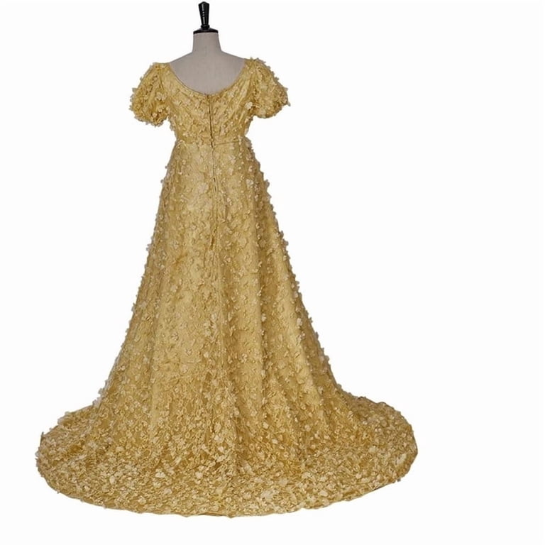 historical empire waist dress Women's Yellow Regency Style Lace Puff Sleeve Long Elegant Gown making it perfect for Atria Signature Colors:Chocolate neckline_high-neck Regency era Ice Queen Dress and