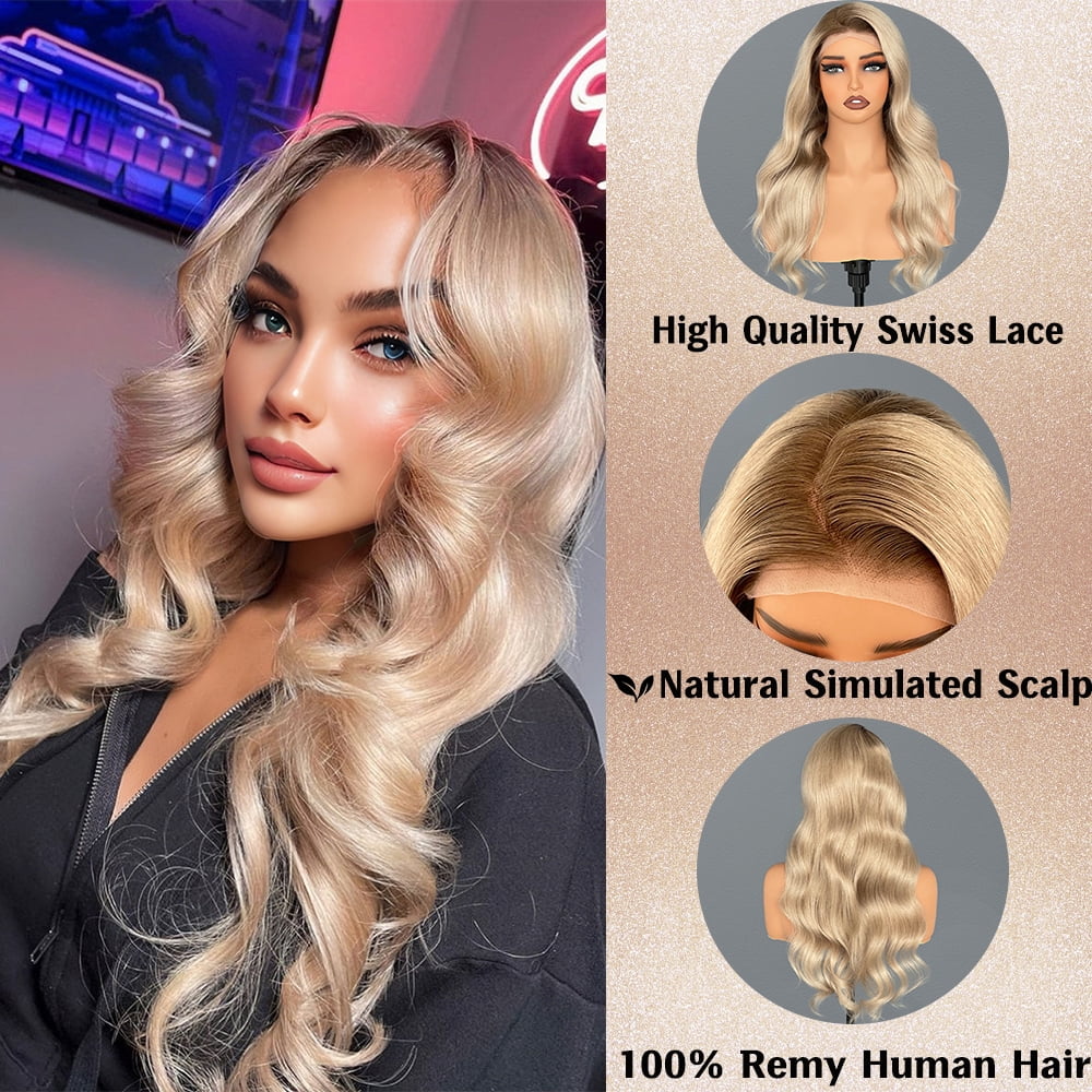 Balayage Milk Tea Ash Blonde Highlight Brazilian Remy Human Hair Wig 13x4 Body Wave Mini Knots HD Transparent Lace Front Wigs Human Hair 180% Density Pre Plucked Natural Hairline Human Hair Wig