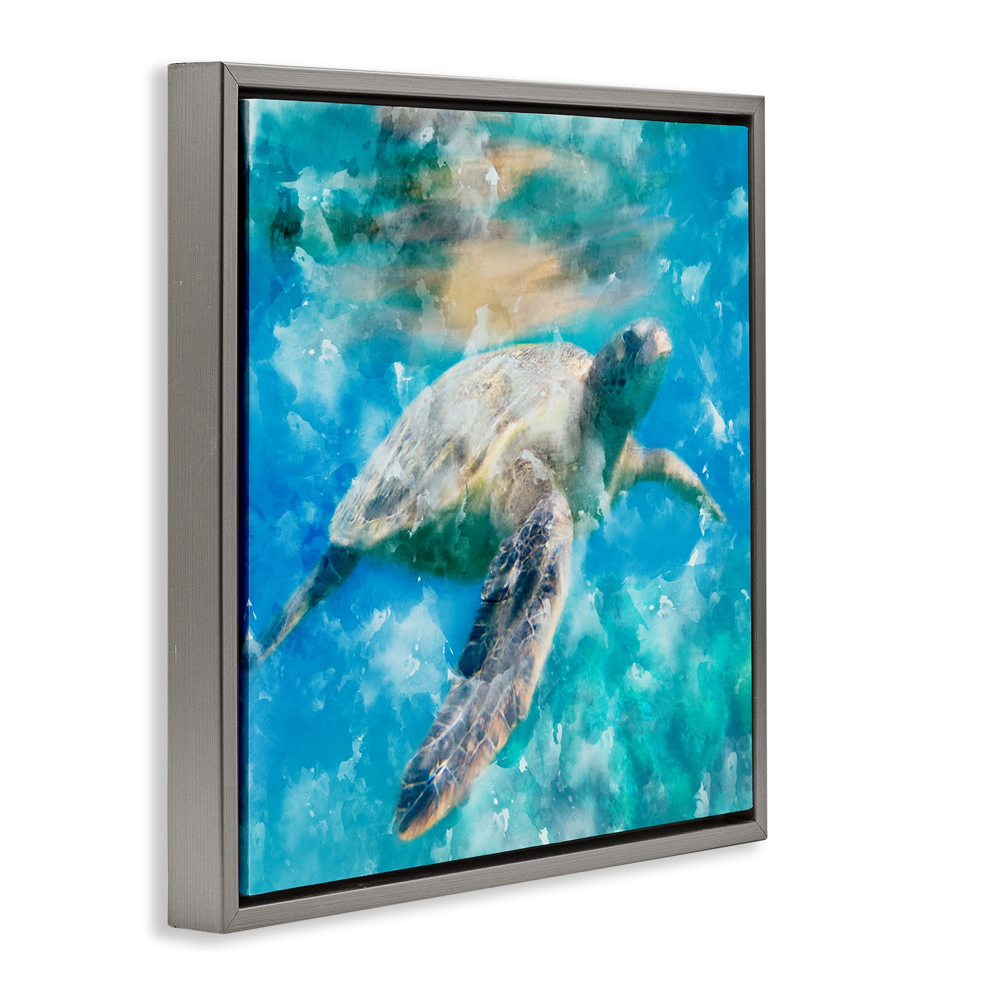 Stupell Industries Aquatic Swimming Sea Turtle Animals & Insects Painting Gray Floater Framed Canvas Art Print Wall Art, 18 x 18