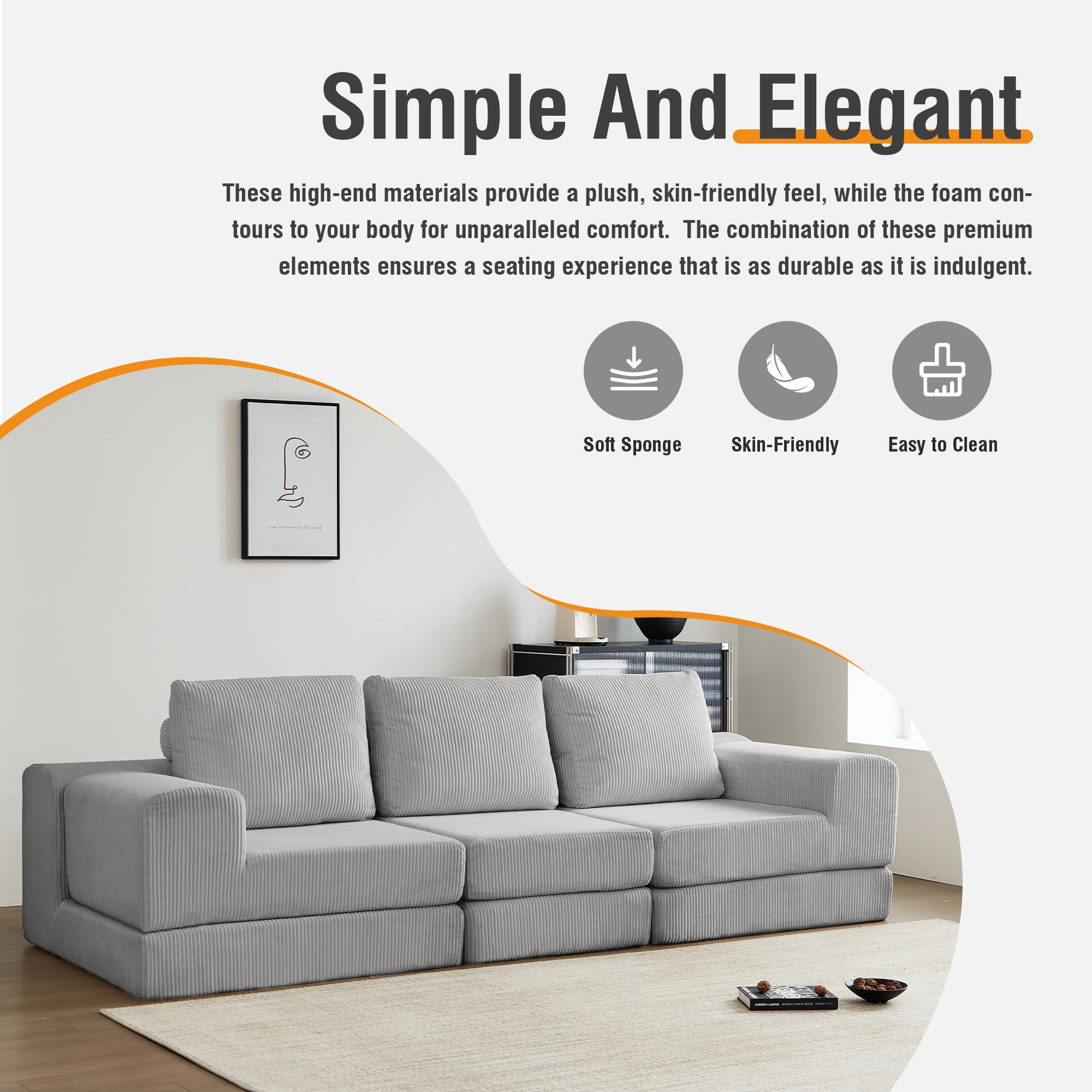 MOONMISS 108" Corduroy Upholstered Modular Oversized 3-Seater Convertible Comfy Compressed Sofa-Gray