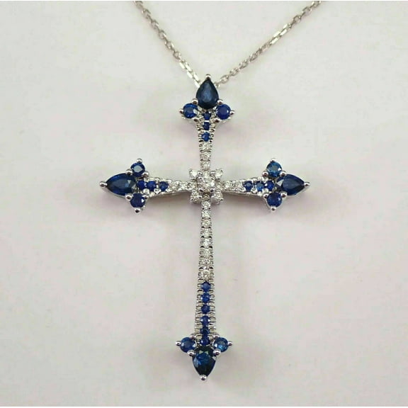 Dreamofdazzles Jewels 2.10 Ct Round Cut Blue Sapphire & Diamond Womens Cross Pendant 14K White Gold Plated 925 Sterling Silver