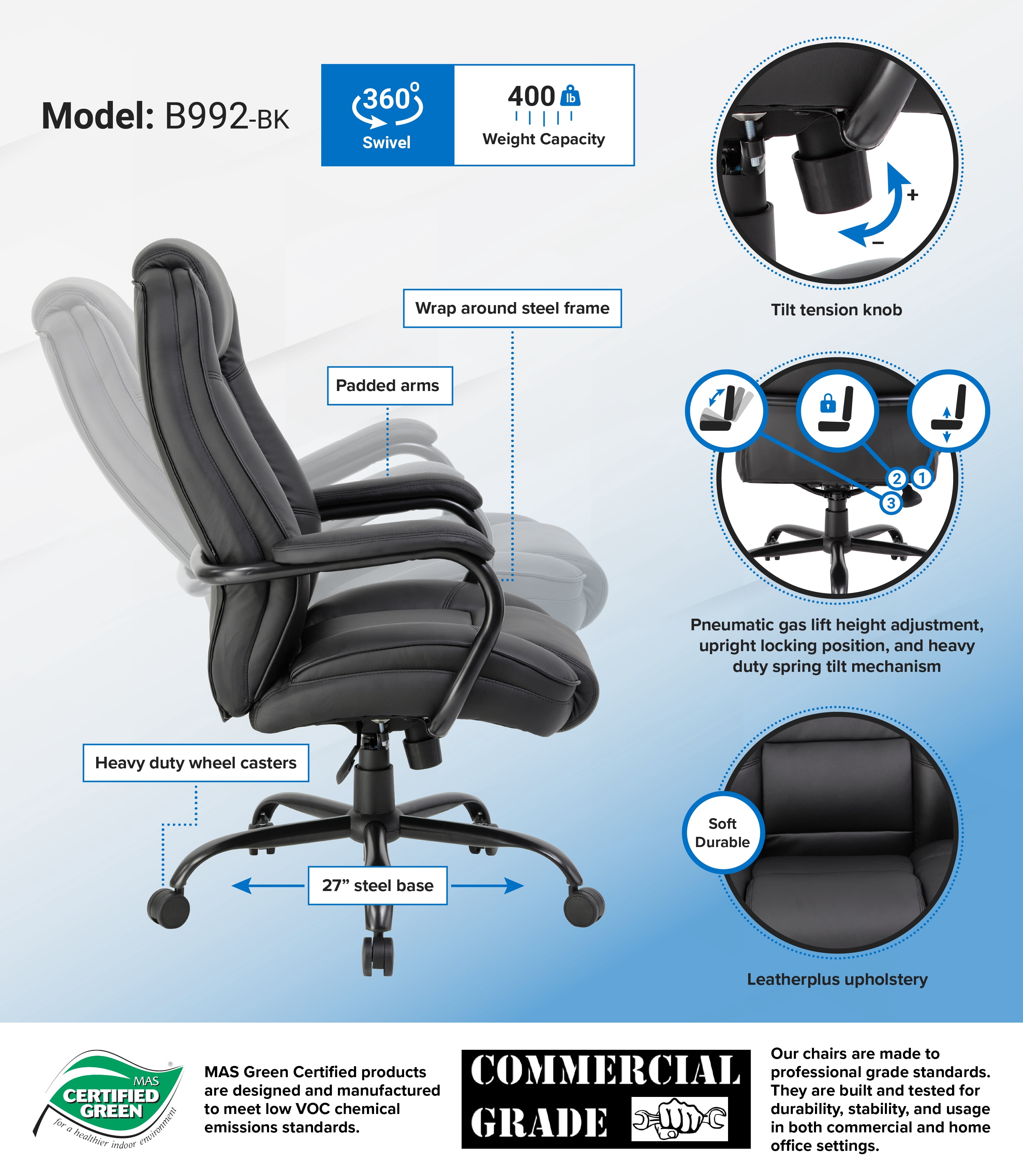 Boss Office Products Big and Tall Heavy Duty Executive Chair, Black