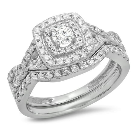 Dazzlingrock Collection 0.85 Carat (ctw) 10K Round Diamond Split Shank Bridal Halo Engagement Ring Set, White Gold, Size 10