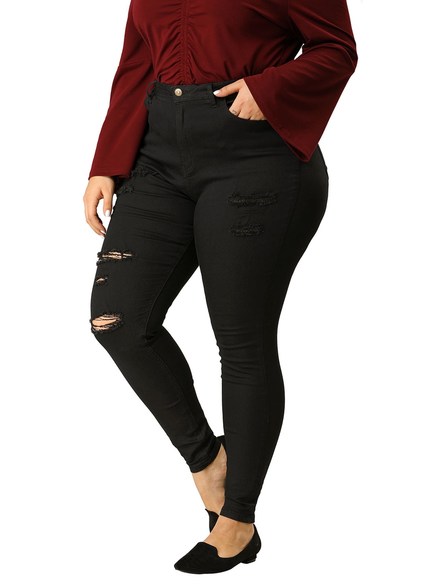Women's Plus Size High Waist Zip Fly Skinny Ripped Jeans Black (Size 2X)