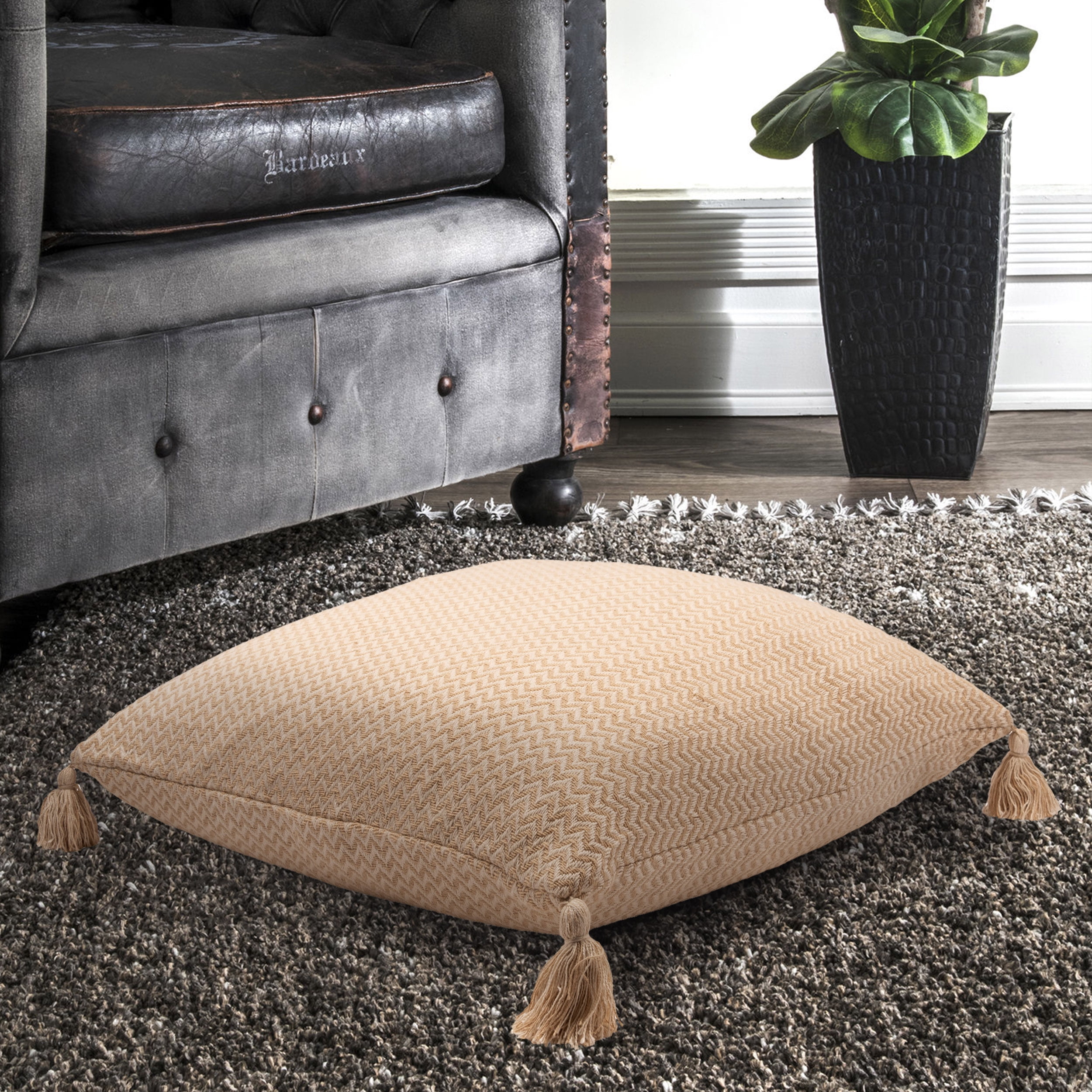 Ox Bay Beige Chevron Tassel Square Hand Crafted Reversible Herringbone Floor Pillow 30 x 30 Walmart