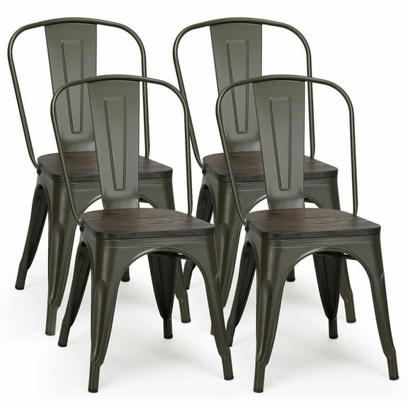 Gymax Set of 4 Metal Dining Side Chair Wood Seat Stackable Bistro Cafe Gun