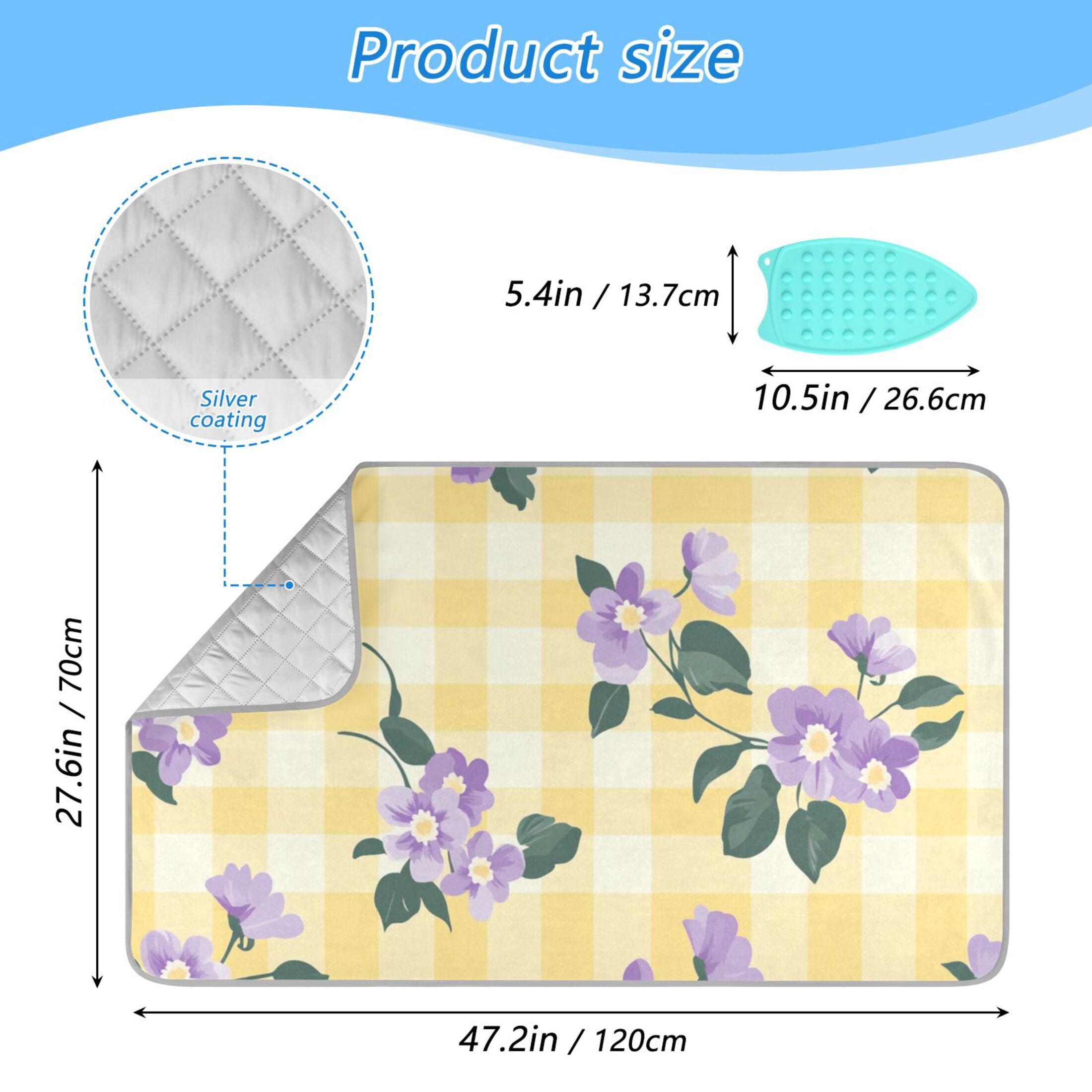 Cute Purple Flowers Leaves Yellow Plaids Ironing Mat Blanket Portable Travel Ironing Pad Heat Resistant Pad 47.2" x 27.6”