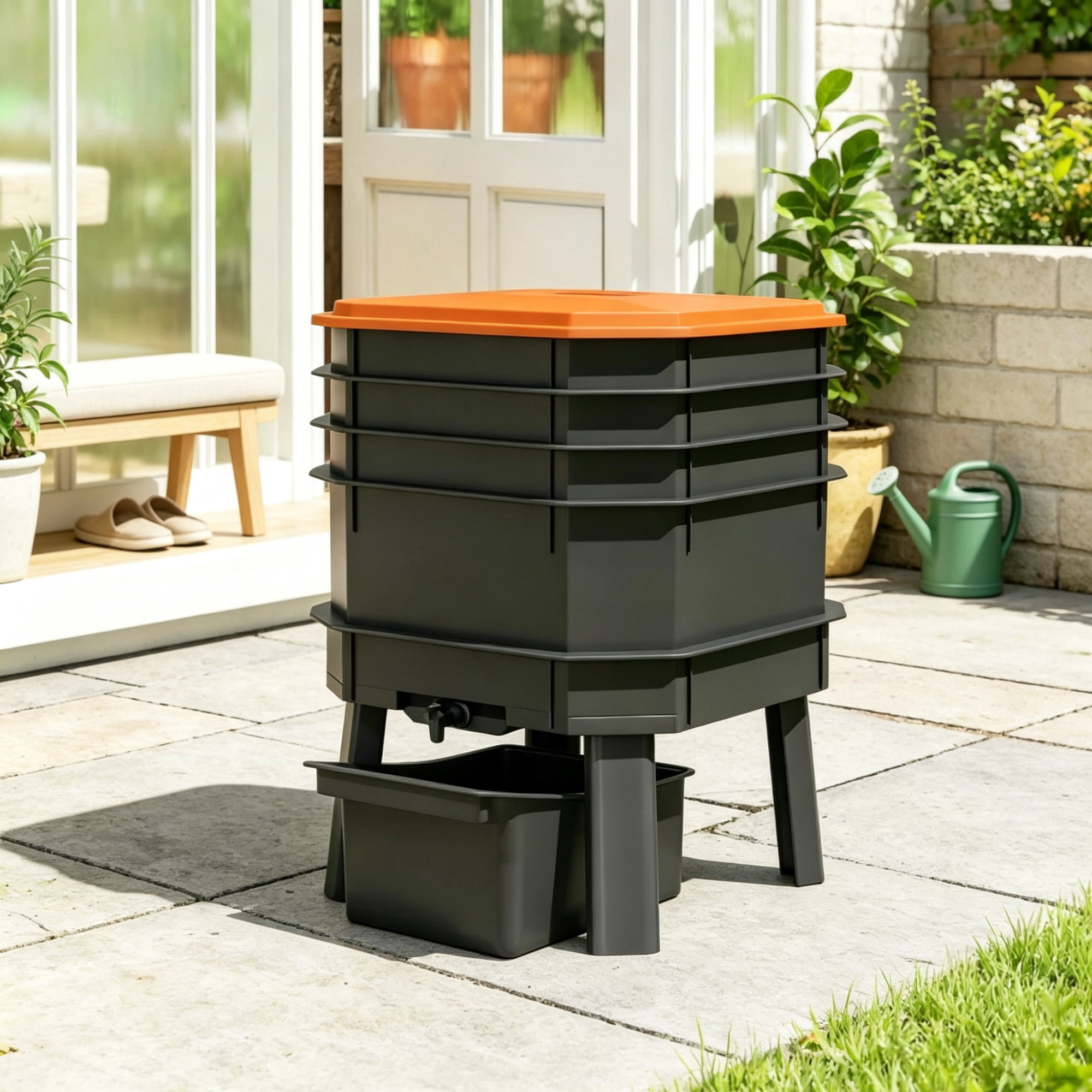 4-Tray Worm Composter Bin, 7.4 Gal Odor-Free, Leak-Proof Indoor & Outdoor Food Waste Recycling, Orange
