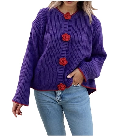 Ruimatai Women s Knitted Cardigan Color Block Flower Button Casual Long Sleeve Open Front Sweater Comfortable Soft Polyester Regular Fit Tops Ruimatai Women s Knitted Cardigan Color Block Flower Button Casual Long Sleeve Open Front Sweater Comfortable Soft Polyester Regular Fit Tops