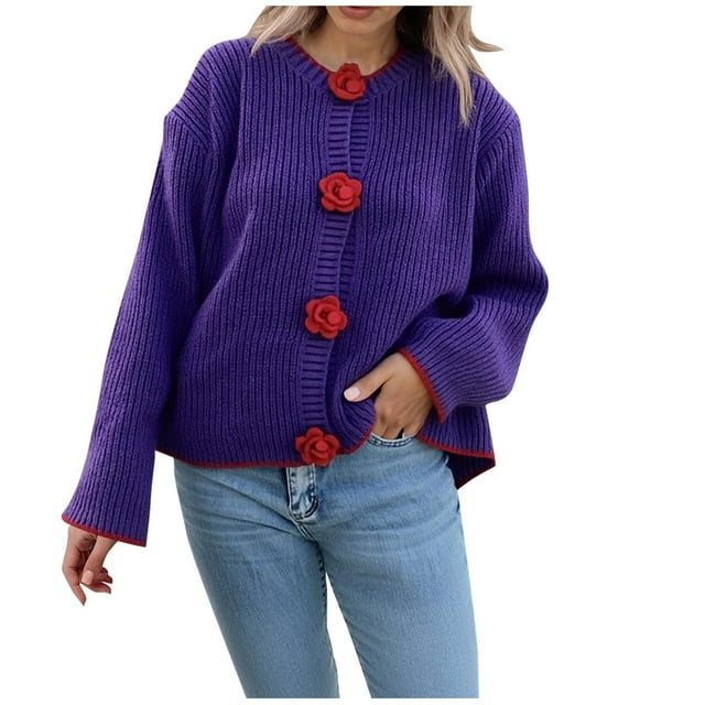 Hvobtty Chandail à Manches Longues Décontracté pour Femmes Grande Taille, Cardigan Tricoté à Boutons à Col Rond Coloré à la Mode et Décontracté pour Femmes, Chandail à Col Rond