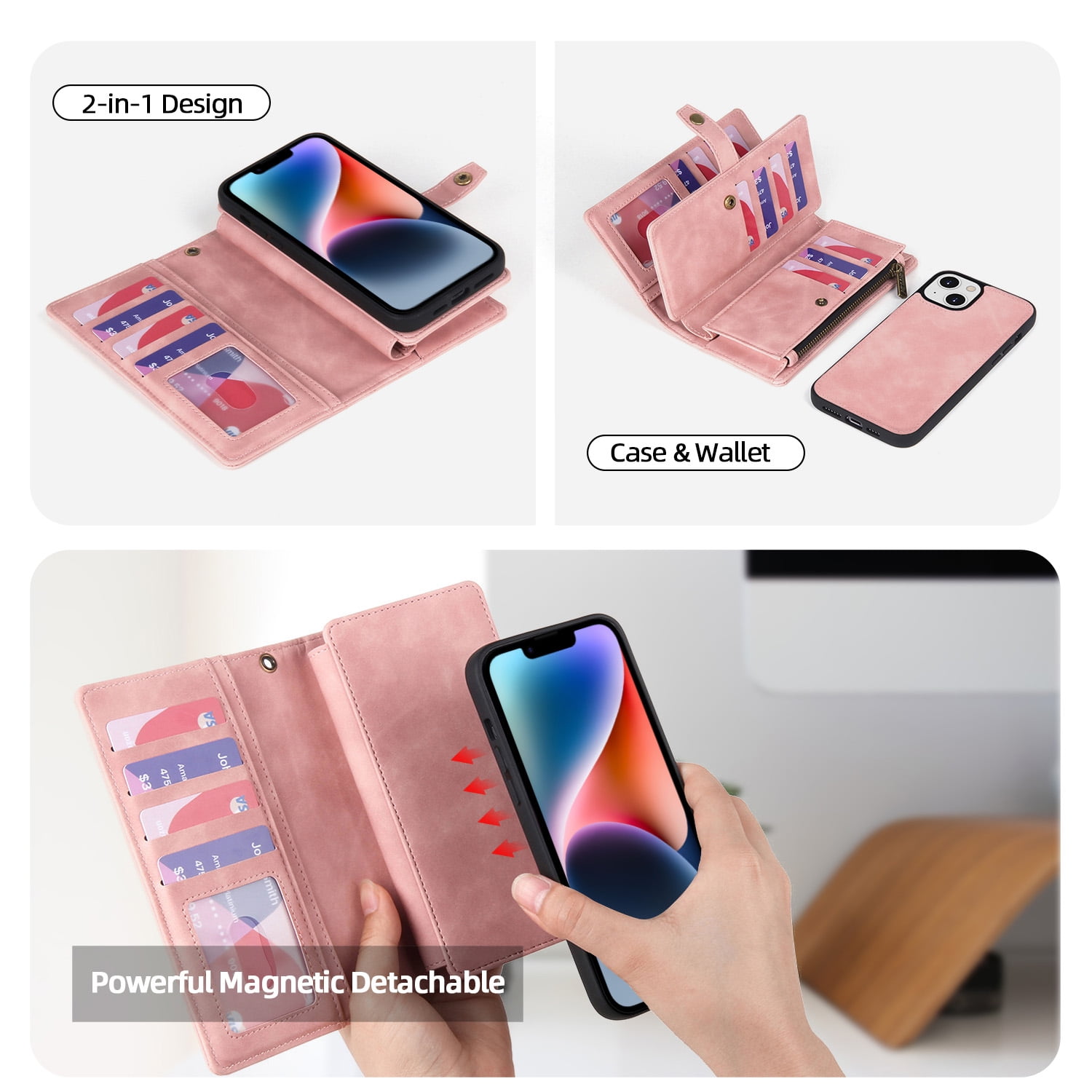 Dteck for iPhone 14 Plus Case, iPhone 14 Plus Case Wallet for Women Men, Durable PU Leather Magnetic Flip Lanyard Strap Wristlet Zipper Card Holder Phone Cases for iPhone 14 Plsu 6.7 Inch,Pink
