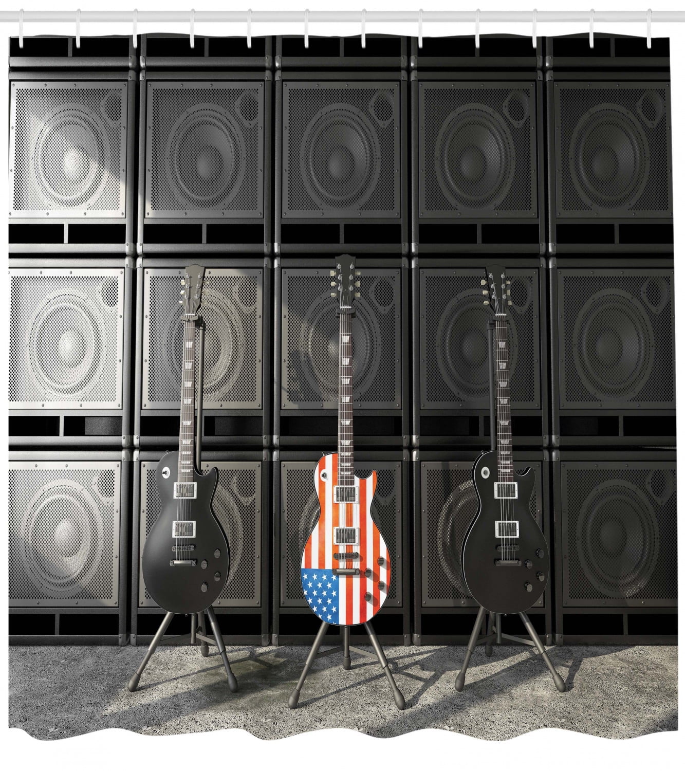 American Flag Shower Curtain Black And Us Bass Guitar Electronic