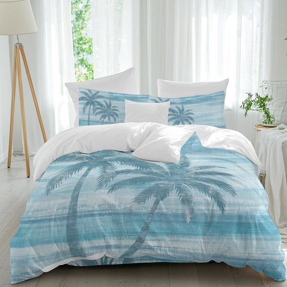 Summer Beach Palm Tree Comforter Set Queen Size, Coastal Nautical Tropical Ocean Blue Trees Leaf Soft Bedding Set for Man Woman, 4 Pieces Duvet Cover Set with Fitted Sheet, 2 Pillowcases