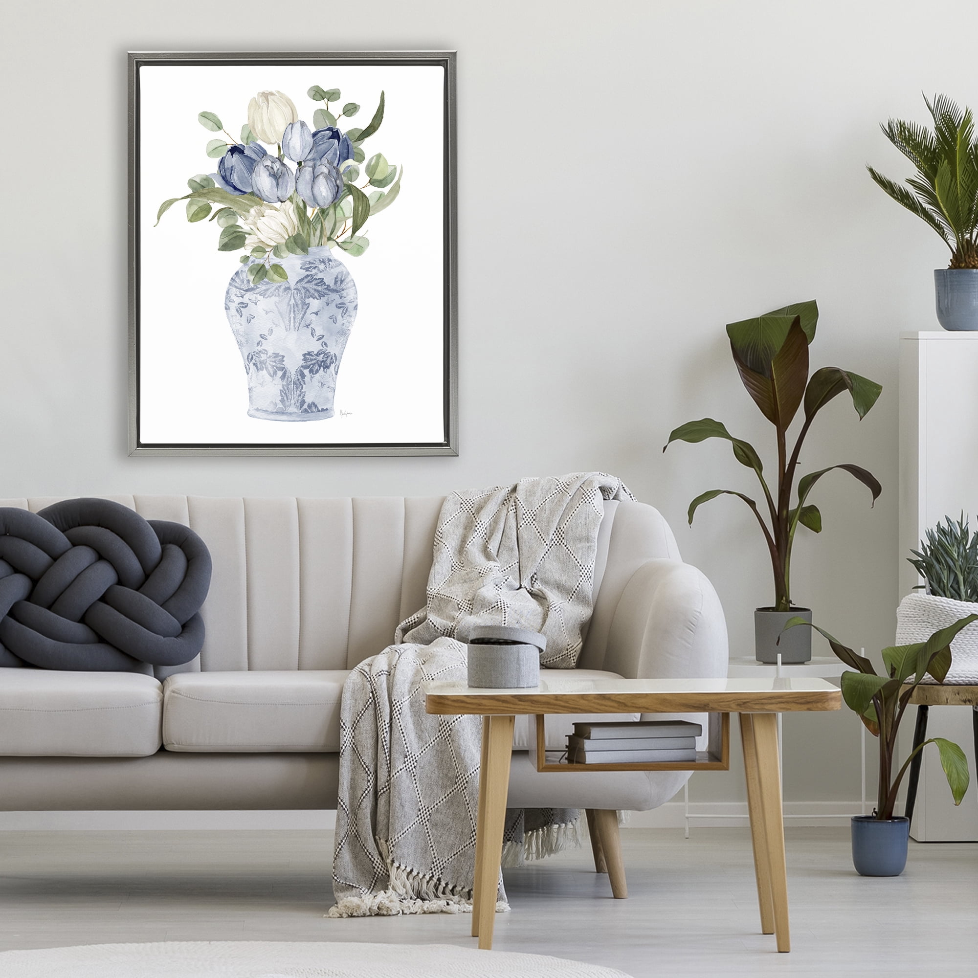 Stupell Industries Tulips & Leaves Vase Gray Framed Floater Canvas Wall Art, design by Livi Finn