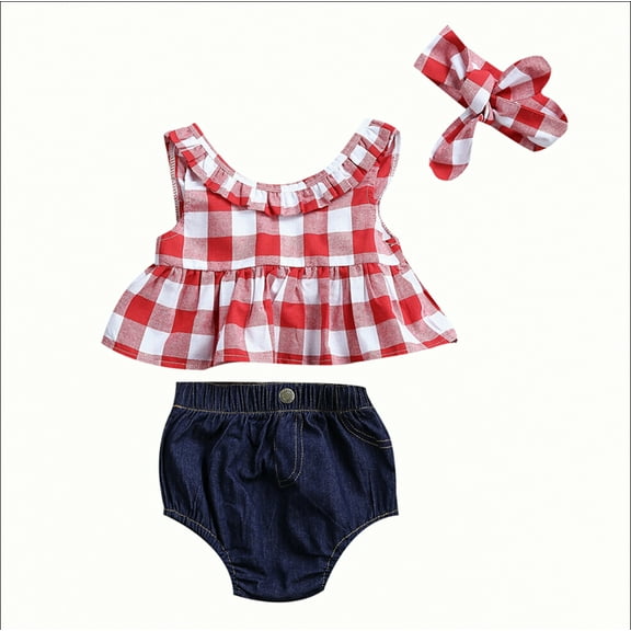 Newborn Baby Girls Clothing Set Sleeveless Plaid TankTops Denim briefs Shorts Headband Outfits Casual Sunsuit Clothes Set