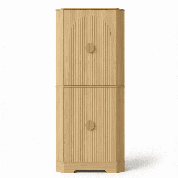 70" Tall Corner Pantry Cabinet with Arched Fluted Doors, Freestanding Kitchen Storage Unit, Natural Oak