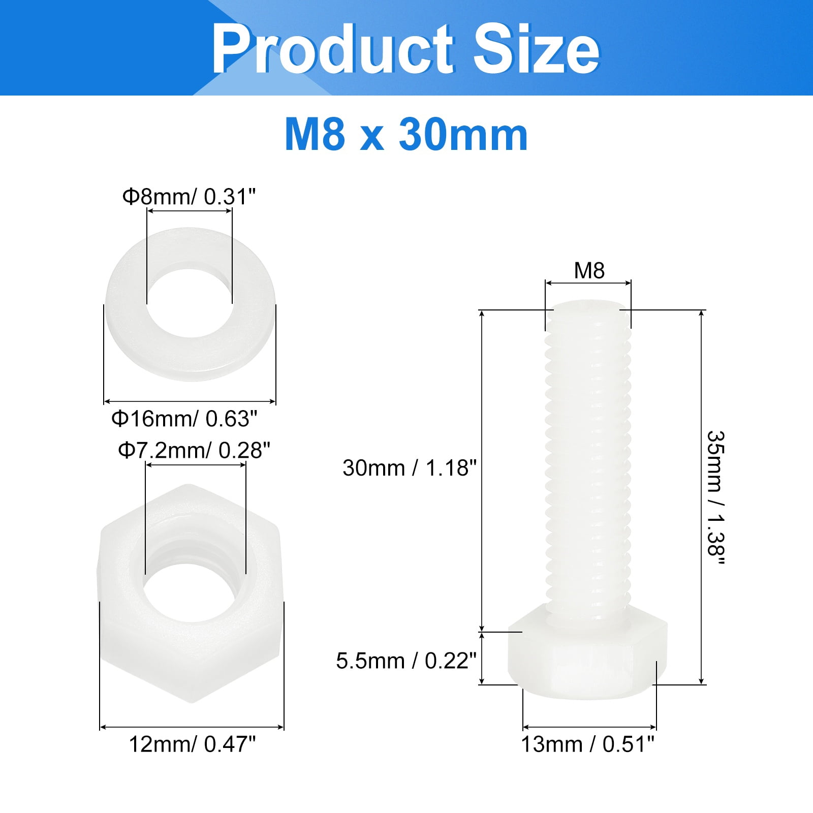 Uxcell 300 Pack/100 Sets Nylon Hex Bolts, M8 x 30mm Plastic Full Threaded Hex Head Screws Bolts and Nuts with Flat Washers for Machinery Electronics Industrial Accessories, White