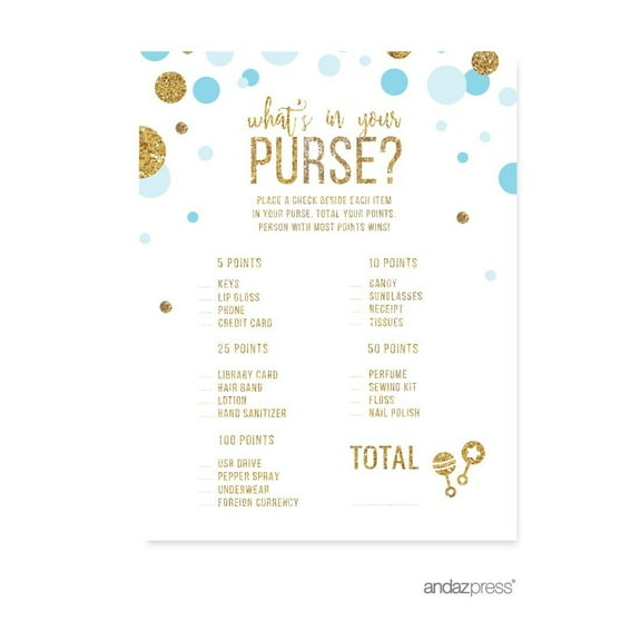 What's in Your Purse? Game  Baby Blue Gold Glitter Baby Shower Games, 20-Pack