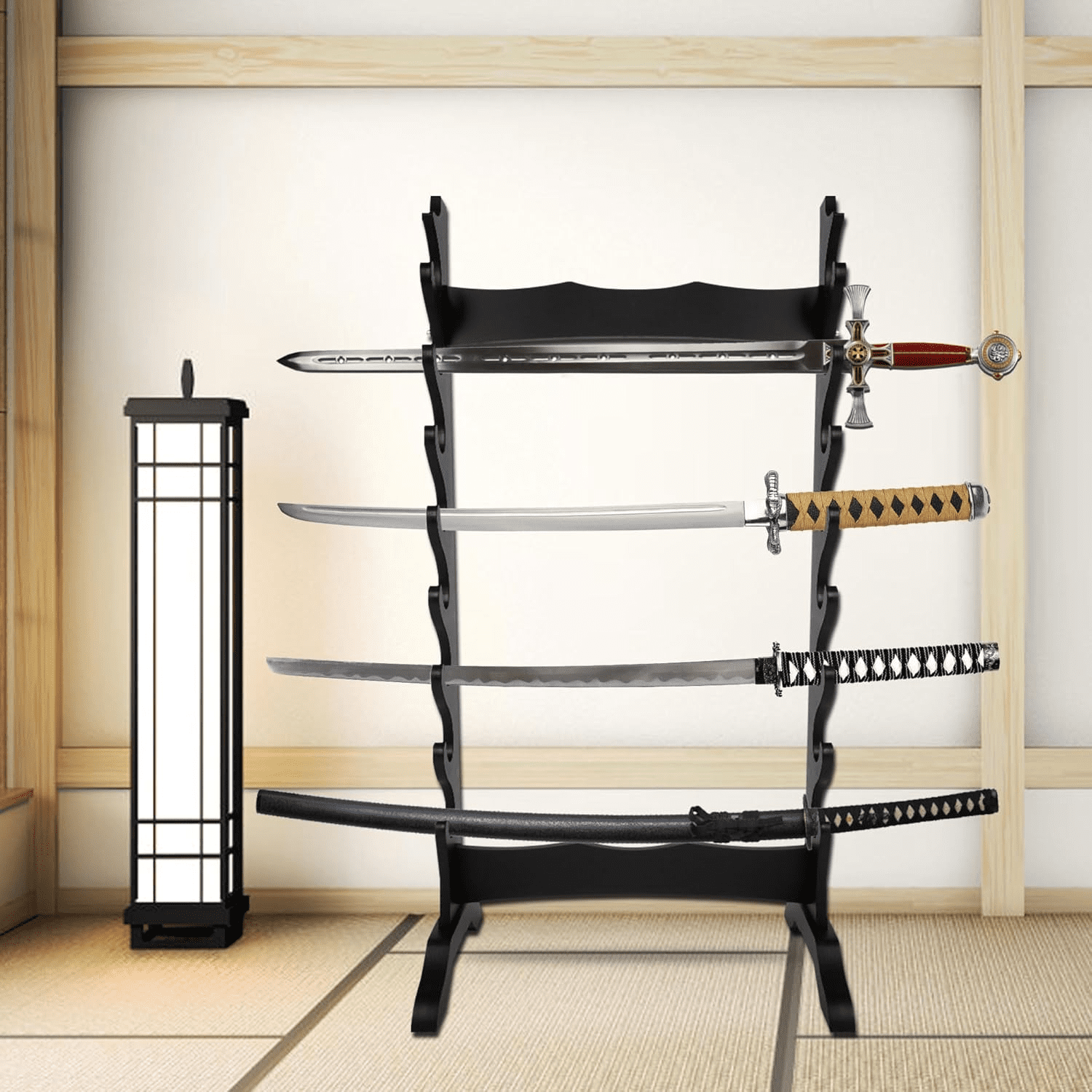 Gtouse 8 Tier Sword Stand, Wooden Japanese Samurai Sword Holder, Sword Display Stand Floor for Katana