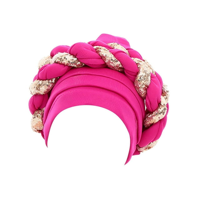 Turban Africain pour Femmes, Foulard à Sequins, Bonnet de Couverture de Cheveux, Rose Rouge