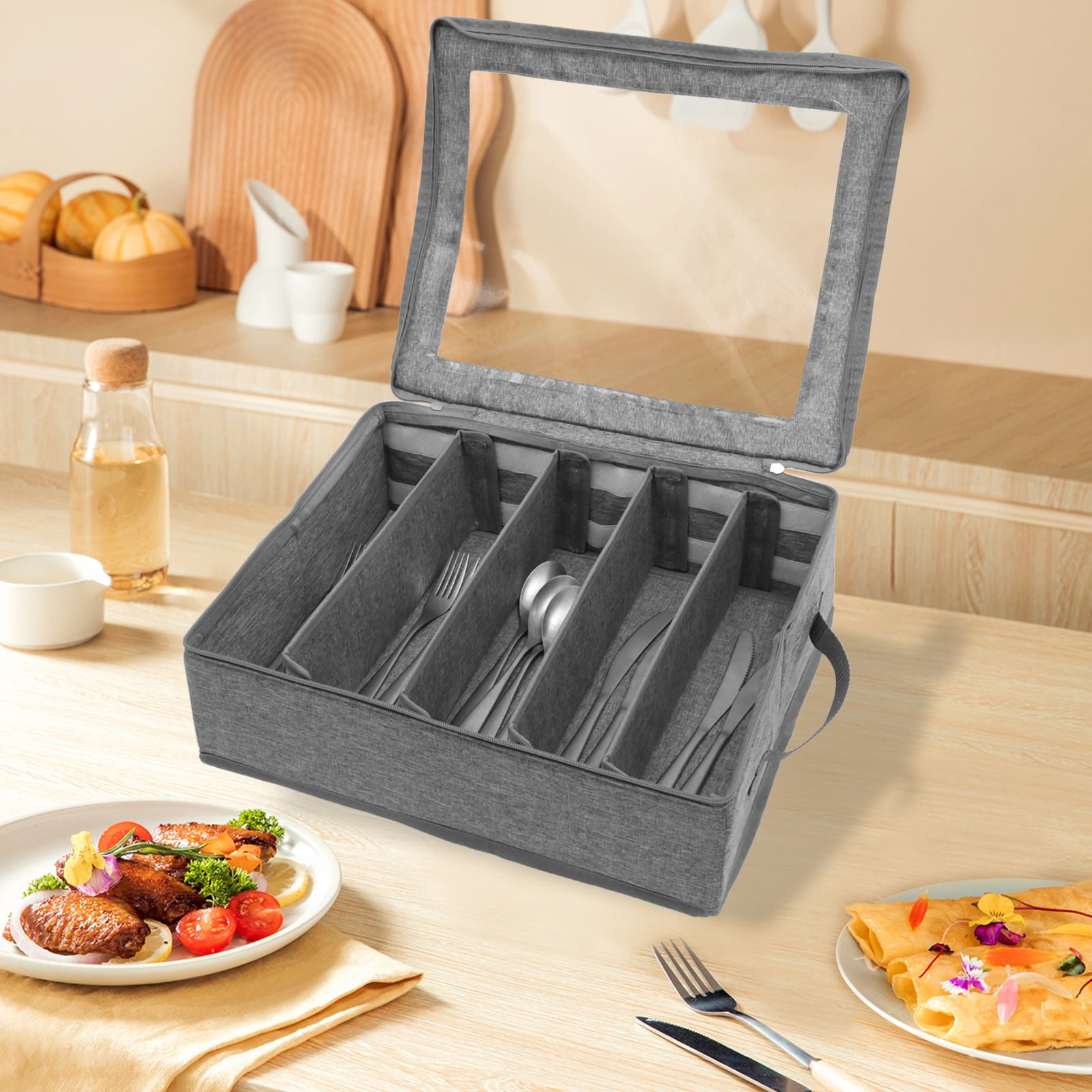 Flatware Organizer with Lid, Fabric Silverware Travel Container with Handles, 5-Compartment Cutlery Holder for RV Camping, Gray