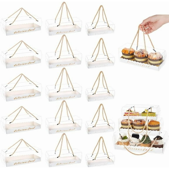 18 Pcs 3 Sizes Clear Bakery Cake Boxes with Handles Portable Transparent Plastic Dessert Cookies Carrier Holder Cupcake Pastry Gift Boxes