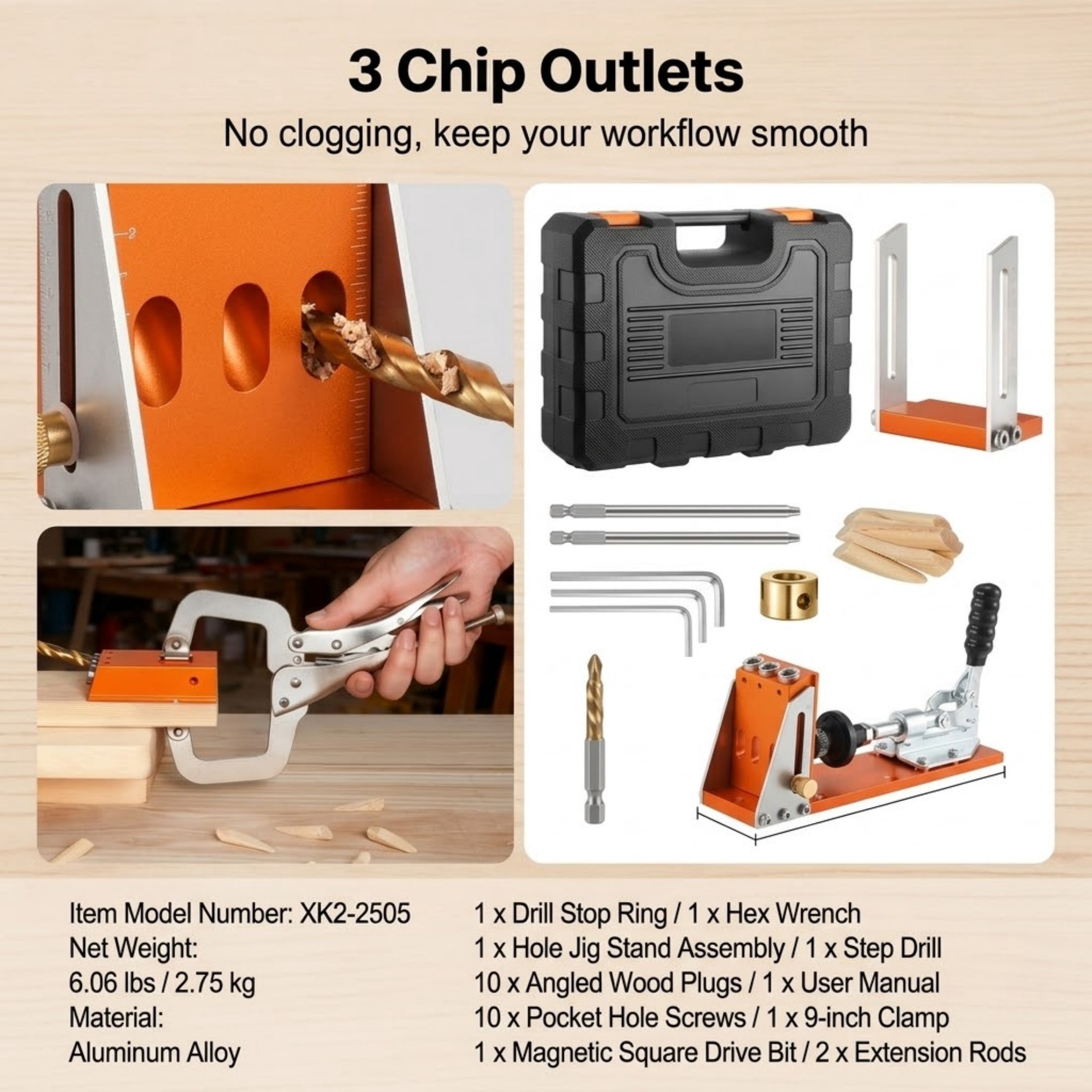 Pocket Hole Jig Kit, Adjustable 1/2" to 1-1/2" Woodworking Drill Guide System with Reinforced Metal Frame, Includes C-Clamp, Step Drill Bit and Toolcase