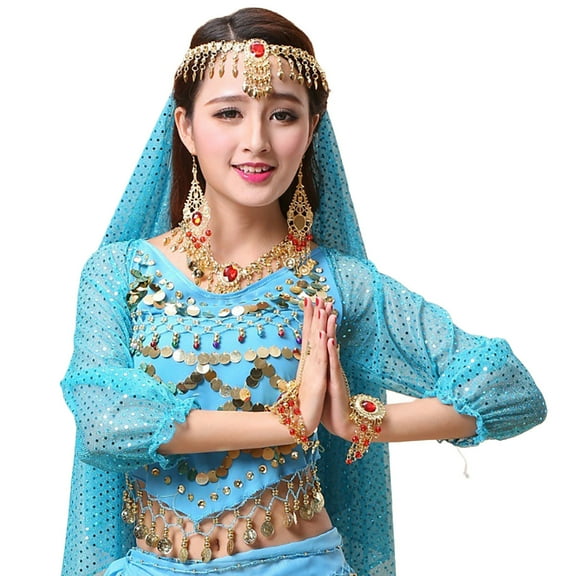 Wdgfv Girls Belly Dance Top Sequins Long Sleeve Carnival Performance Outfit for Kids Dance Sky Blue 3-12 Years