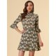 thumbnail image 5 of Vestido con volantes y volantes con cuello alto y manga acampanada 3/4 con cuello alto y fruncido floral para mujer Negro beige S, 5 of 6