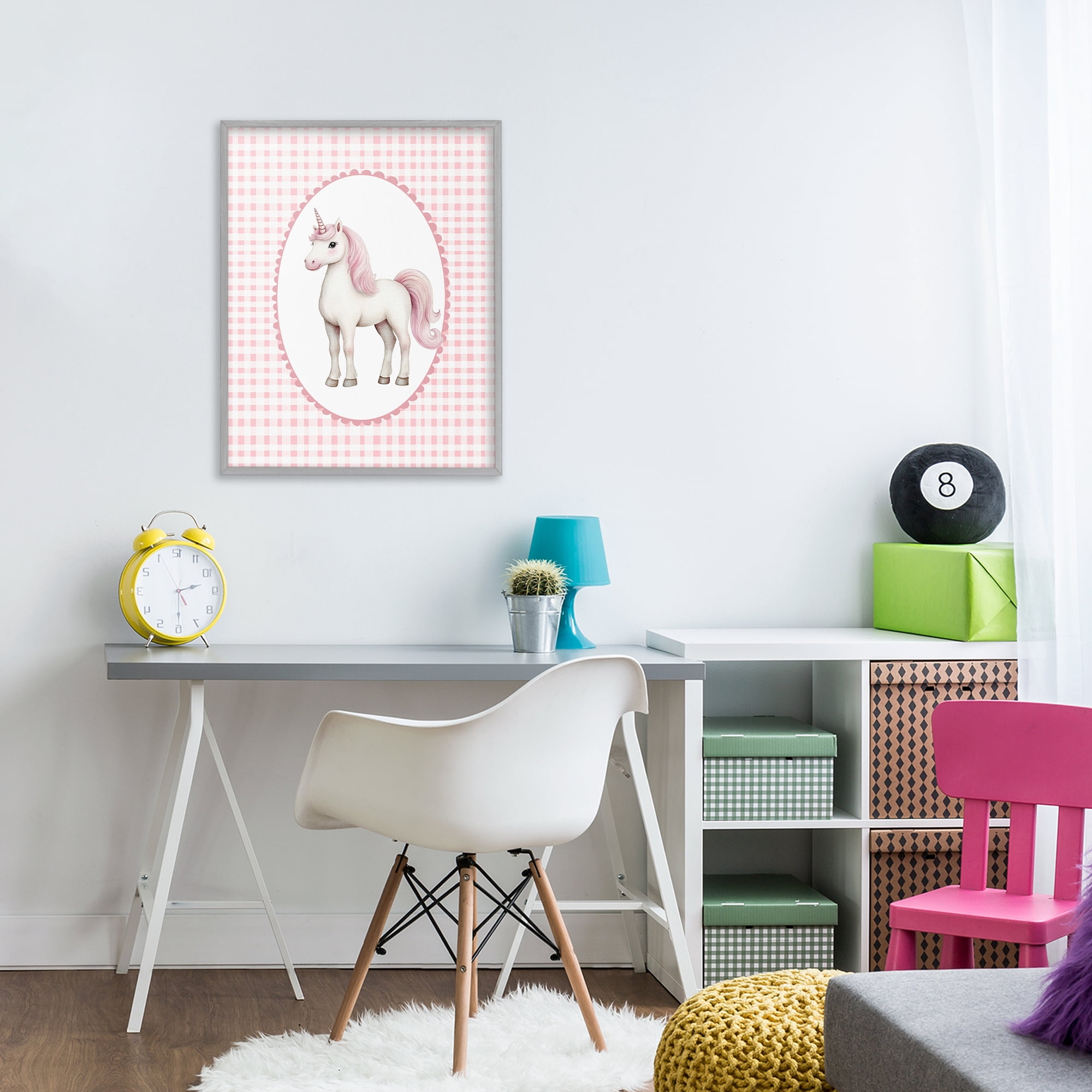 Stupell Industries Pink Gingham Unicorn Gray Framed Giclee Art, design by Christine Simpson Art