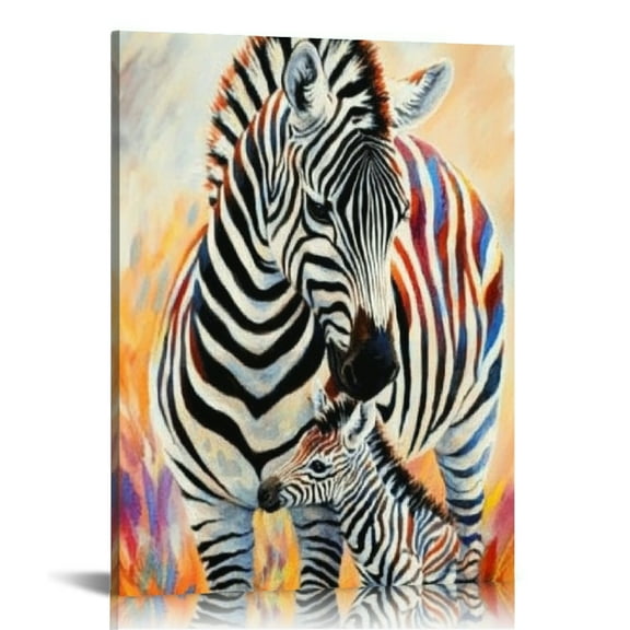 Autua Zebra canvas art wall decoration framed zebra with cub pictures color wildlife painting prints living room kids bedroom can be hung directly 12x16 in