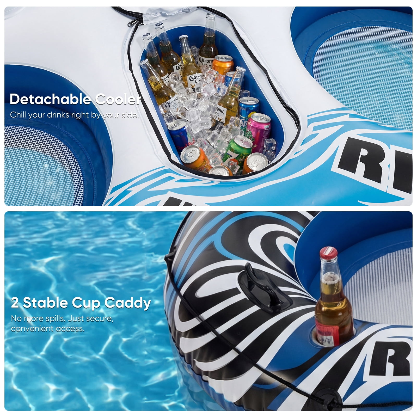 CONCETTA 2 Person Inflatable River Tube Float with Cooler & Enhanced Backrest, Quick Inflate Pool Lake Raft Lounger, Blue & White